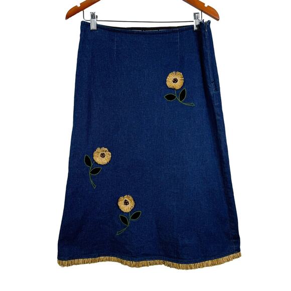 Vintage Anthropologie Y2k Hippie Floral Straw Hem Denim Midi Skirt Size 12 - Picture 1 of 5